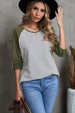 Striped Color Block Roll-Tab Sleeve Top - SHE BADDY© ONLINE WOMEN FASHION & CLOTHING STORE