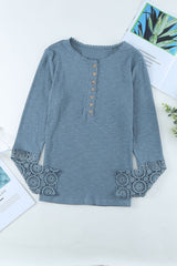 Crochet Lace Hem Sleeve Button Top - SHE BADDY© ONLINE WOMEN FASHION & CLOTHING STORE