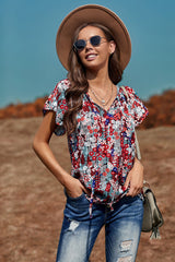 Floral Flutter Sleeve Tie-Neck Blouse - SHE BADDY© ONLINE WOMEN FASHION & CLOTHING STORE