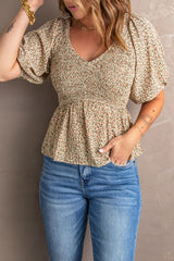 Smocked Balloon Sleeve Peplum Blouse - SHE BADDY© ONLINE WOMEN FASHION & CLOTHING STORE