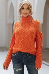 Cold Shoulder Textured Turtleneck Sweater - SHE BADDY© ONLINE WOMEN FASHION & CLOTHING STORE