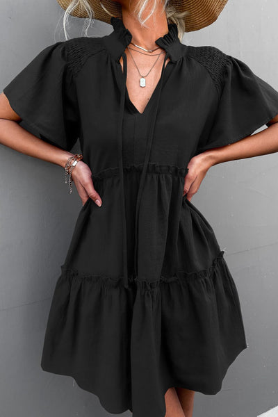 Frill Trim Smocked Tie Neck Dress - SHE BADDY© ONLINE WOMEN FASHION & CLOTHING STORE
