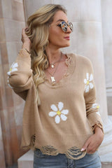 Flower Distressed Ribbed Trim Sweater - SHE BADDY© ONLINE WOMEN FASHION & CLOTHING STORE