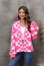 Checkered Open Front Drop Shoulder Cardigan - SHE BADDY© ONLINE WOMEN FASHION & CLOTHING STORE