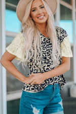 Leopard Print Lace Sleeve Round Neck Tee - SHE BADDY© ONLINE WOMEN FASHION & CLOTHING STORE