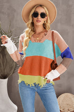 Color Block Distressed V-Neck Ribbed Sweater - SHE BADDY© ONLINE WOMEN FASHION & CLOTHING STORE