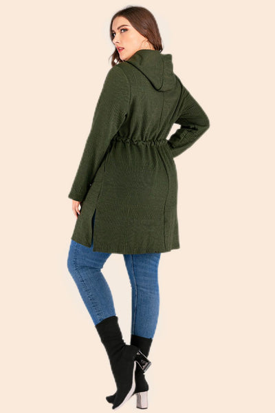 Plus Size Drawstring Waist Hooded Cardigan with Pockets - SHE BADDY© ONLINE WOMEN FASHION & CLOTHING STORE