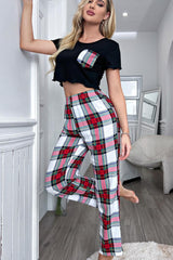 Lettuce Trim Cropped T-Shirt and Plaid Pants Lounge Set - SHE BADDY© ONLINE WOMEN FASHION & CLOTHING STORE