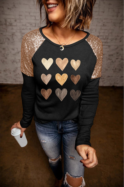 Contrast Sequin Heart Graphic Raglan Sleeve Top - SHE BADDY© ONLINE WOMEN FASHION & CLOTHING STORE