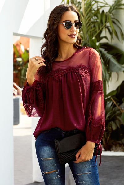 Tied Spliced Mesh Bubble Sleeve Blouse - SHE BADDY© ONLINE WOMEN FASHION & CLOTHING STORE