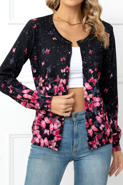 Floral Button Front Round Neck Cardigan - SHE BADDY© ONLINE WOMEN FASHION & CLOTHING STORE