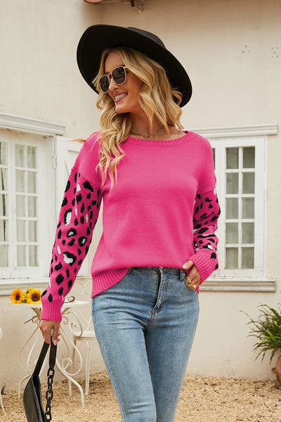 Printed Dropped Shoulder Round Neck Sweater - SHE BADDY© ONLINE WOMEN FASHION & CLOTHING STORE