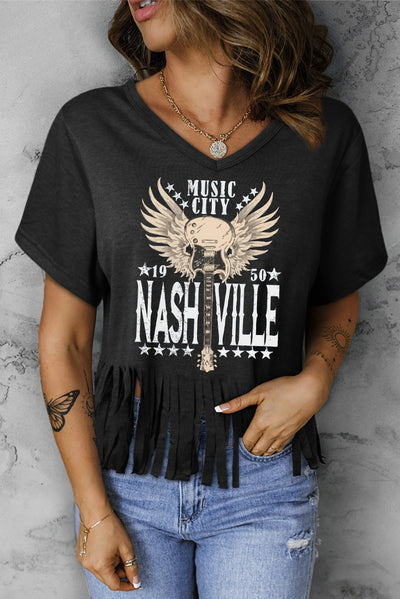 MUSIC CITY 1950 NASHVILLE Graphic Fringe Hem Tee - SHE BADDY© ONLINE WOMEN FASHION & CLOTHING STORE