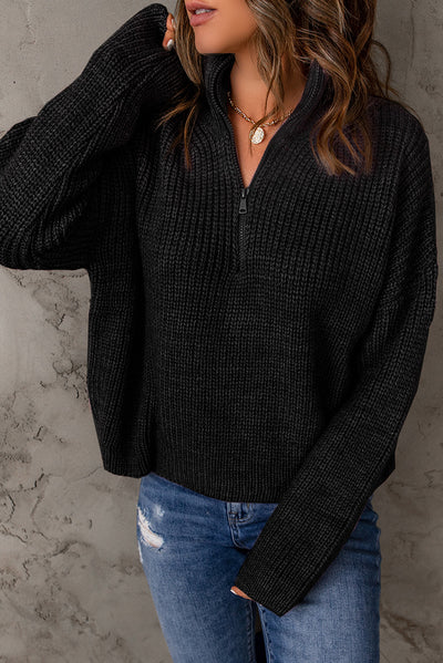 Half Zip Rib-Knit Dropped Shoulder Sweater - SHE BADDY© ONLINE WOMEN FASHION & CLOTHING STORE