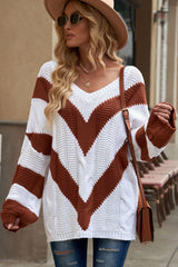 Chevron Cable-Knit V-Neck Tunic Sweater - SHE BADDY© ONLINE WOMEN FASHION & CLOTHING STORE