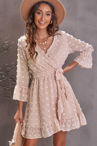 Swiss Dot Ruffled Tie-Waist Surplice Dress - SHE BADDY© ONLINE WOMEN FASHION & CLOTHING STORE