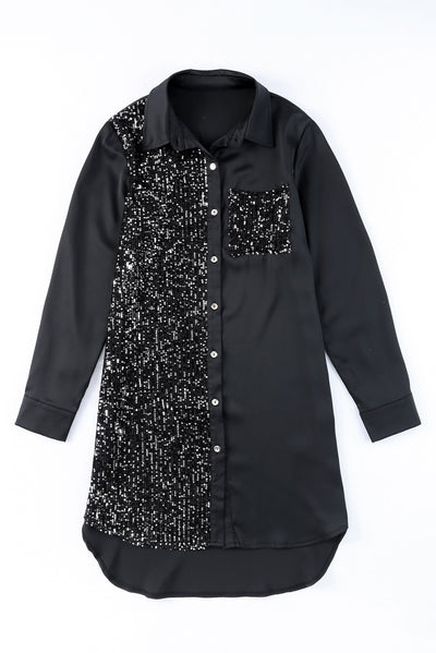 Sequin Button Front High-Low Shirt Dress - SHE BADDY© ONLINE WOMEN FASHION & CLOTHING STORE