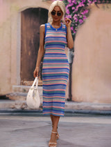 Striped Round Neck Sleeveless Midi Cover Up Dress - SHE BADDY© ONLINE WOMEN FASHION & CLOTHING STORE