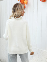 Button Detail Frill Neck Rib-Knit Sweater - SHE BADDY© ONLINE WOMEN FASHION & CLOTHING STORE