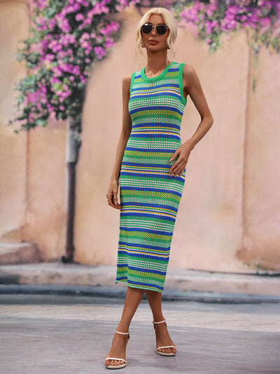 Striped Round Neck Sleeveless Midi Cover Up Dress - SHE BADDY© ONLINE WOMEN FASHION & CLOTHING STORE