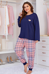 Plus Size Heart Graphic Top and Plaid Joggers Lounge Set - SHE BADDY© ONLINE WOMEN FASHION & CLOTHING STORE