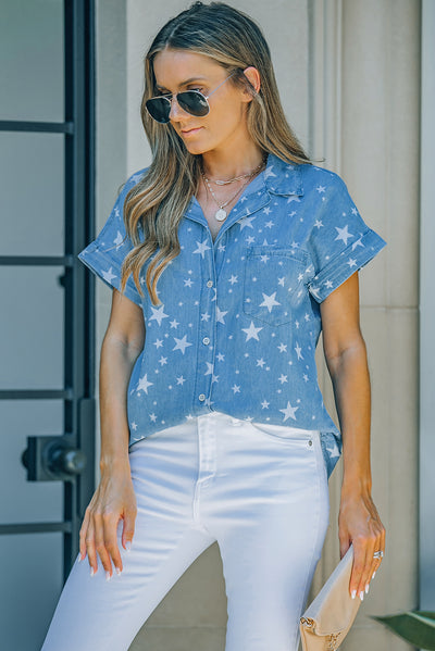 Star Print Button-Up Cuffed Short Sleeve Shirt - SHE BADDY© ONLINE WOMEN FASHION & CLOTHING STORE