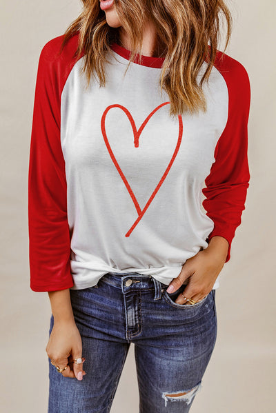 Contrast Baseball Sleeve Heart Graphic Top - SHE BADDY© ONLINE WOMEN FASHION & CLOTHING STORE