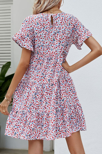 Ditsy Floral Flounce Sleeve Tiered Dress - SHE BADDY© ONLINE WOMEN FASHION & CLOTHING STORE