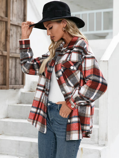 Meet You Outside Plaid Button Down Curved Hem Shacket - SHE BADDY© ONLINE WOMEN FASHION & CLOTHING STORE