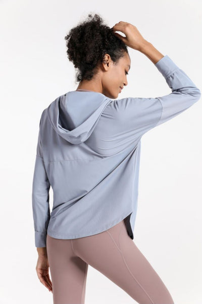 Curved Hem Drawstring Hooded Sports Jacket - SHE BADDY© ONLINE WOMEN FASHION & CLOTHING STORE