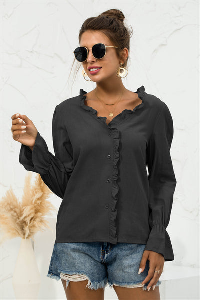 Frill Trim V-Neck Flounce Sleeve Shirt - SHE BADDY© ONLINE WOMEN FASHION & CLOTHING STORE