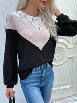 Lace Yoke Waffle Knit Top - SHE BADDY© ONLINE WOMEN FASHION & CLOTHING STORE