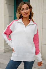 Contrast Quarter-Zip Collared Neck Sweater - SHE BADDY© ONLINE WOMEN FASHION & CLOTHING STORE