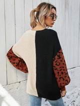 Leopard Color Block V-Neck Tunic Pullover Sweater - SHE BADDY© ONLINE WOMEN FASHION & CLOTHING STORE