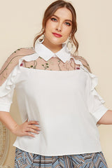 Plus Size Embroidered Ruffle Trim Collared Half Sleeve Blouse - SHE BADDY© ONLINE WOMEN FASHION & CLOTHING STORE