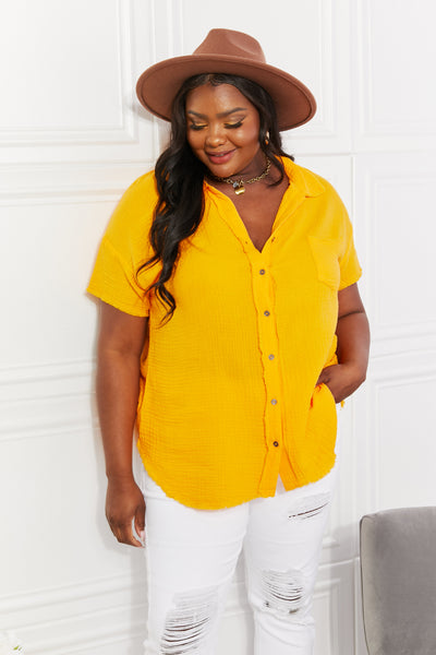 Zenana Full Size Summer Breeze Gauze Short Sleeve Shirt in Mustard - SHE BADDY© ONLINE WOMEN FASHION & CLOTHING STORE