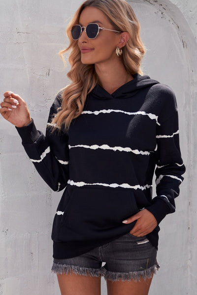 Striped Drop Shoulder Hoodie with Kangaroo Pocket - SHE BADDY© ONLINE WOMEN FASHION & CLOTHING STORE