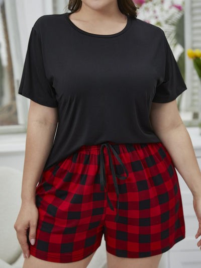 Plus Size Round Neck Tee Shirt and Plaid Shorts Lounge Set - SHE BADDY© ONLINE WOMEN FASHION & CLOTHING STORE
