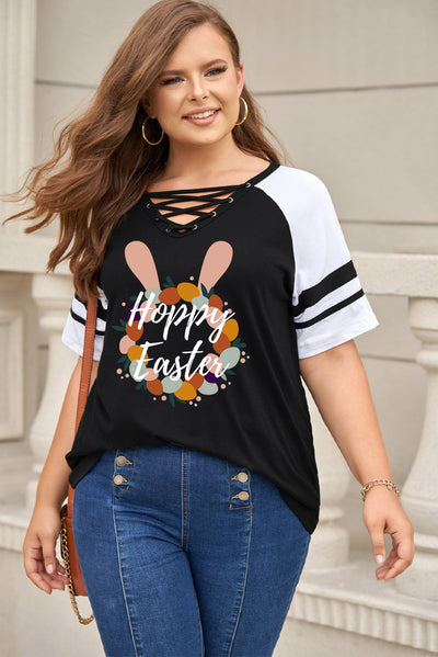 Plus Size HOPPY EASTER Graphic Crisscross V-Neck Tee - SHE BADDY© ONLINE WOMEN FASHION & CLOTHING STORE