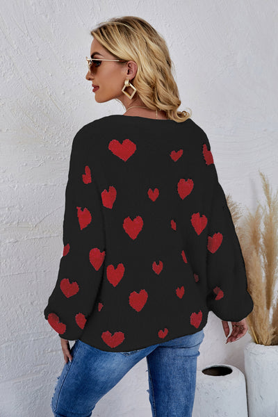 Heart Print Fuzzy Crewneck Long Sleeve Sweater - SHE BADDY© ONLINE WOMEN FASHION & CLOTHING STORE