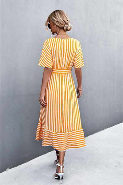 Striped Tie Belt Midi Dress - SHE BADDY© ONLINE WOMEN FASHION & CLOTHING STORE