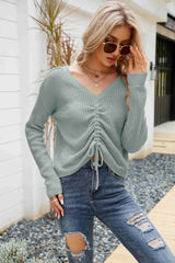 Waffle-Knit Drawstring Detail V-Neck Sweater - SHE BADDY© ONLINE WOMEN FASHION & CLOTHING STORE