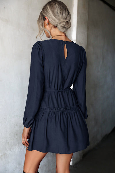 Frill Trim Tie Waist Puff Sleeve Mini Dress - SHE BADDY© ONLINE WOMEN FASHION & CLOTHING STORE