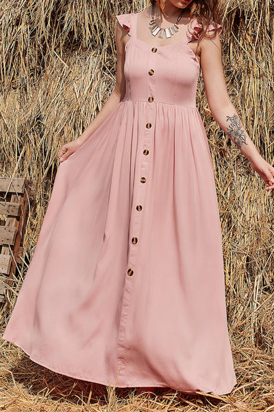 Decorative Button Ruffle Trim Smocked Maxi Dress - SHE BADDY© ONLINE WOMEN FASHION & CLOTHING STORE