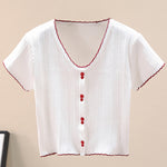 Contrast Decorative Button Short Sleeve Knit Top - SHE BADDY© ONLINE WOMEN FASHION & CLOTHING STORE