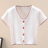 Contrast Decorative Button Short Sleeve Knit Top - SHE BADDY© ONLINE WOMEN FASHION & CLOTHING STORE