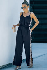 Leopard Contrast Spaghetti Strap Wide Leg Jumpsuit - SHE BADDY© ONLINE WOMEN FASHION & CLOTHING STORE