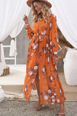 Floral Tie Waist Slit Maxi Dress - SHE BADDY© ONLINE WOMEN FASHION & CLOTHING STORE