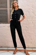 Button Front Short Sleeve Jogger Jumpsuit - SHE BADDY© ONLINE WOMEN FASHION & CLOTHING STORE