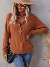 Rib-Knit Zip Up Collared Cardigan - SHE BADDY© ONLINE WOMEN FASHION & CLOTHING STORE